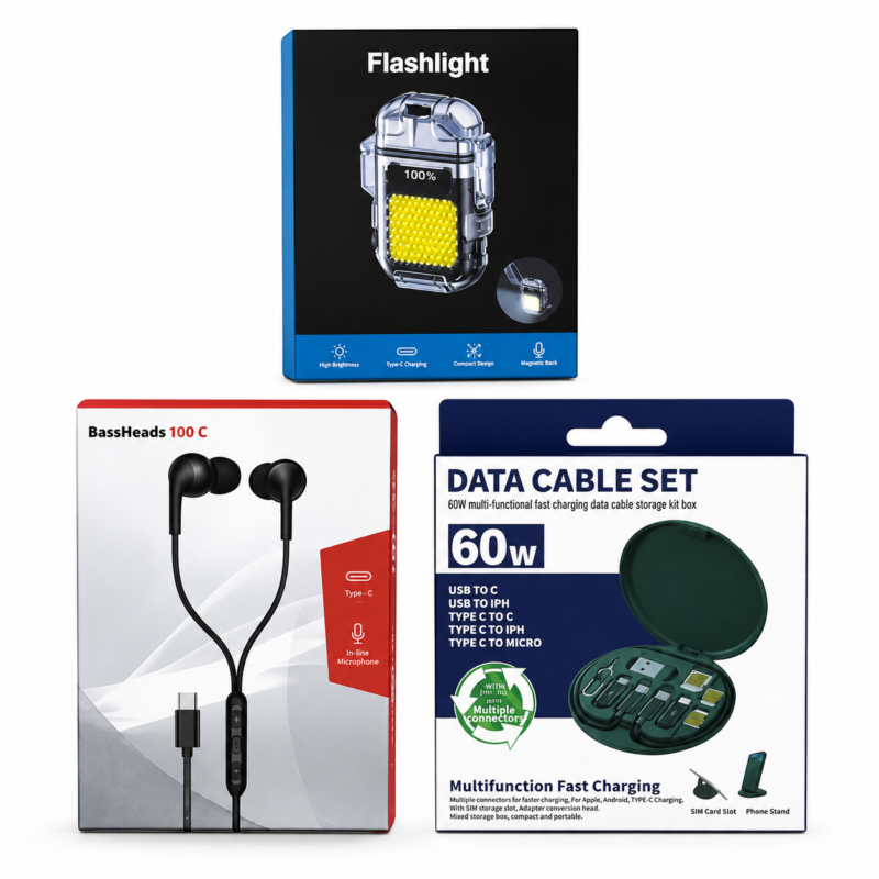 Multifunctional Combo Kit – Flashlight, Cigarette Lighter, Cable Set & Type-C Earphones